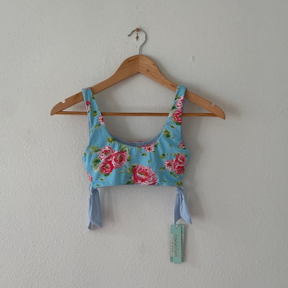San Lorenzo Bikini Top Scoop Neck Side Ties Blue Pink Roses